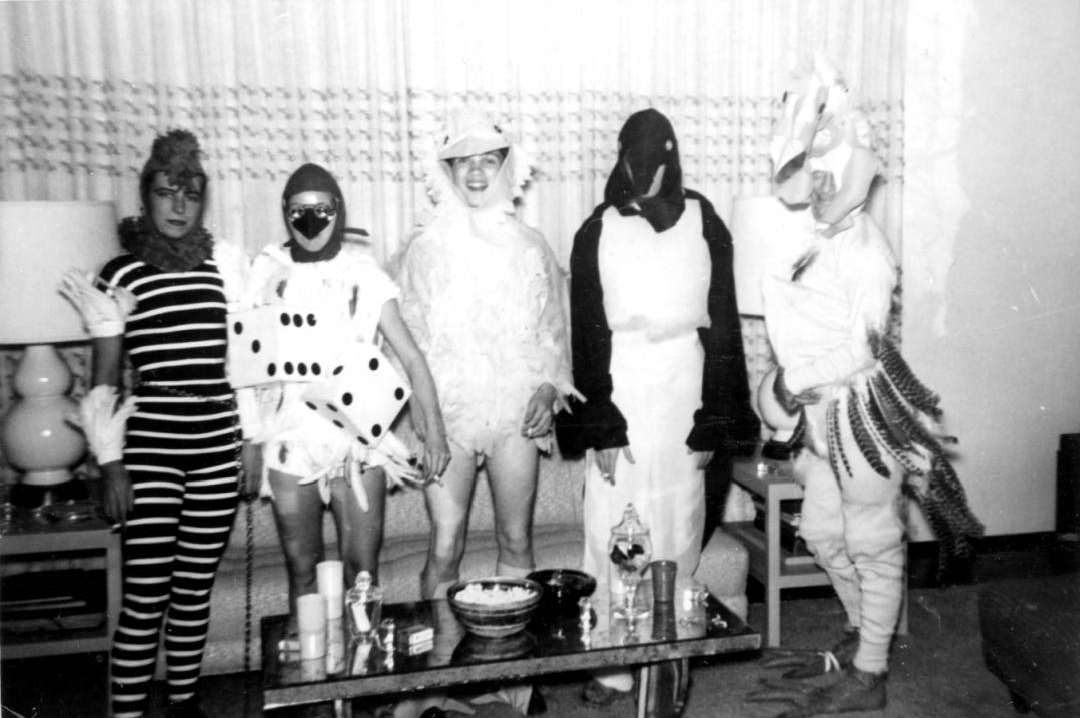 Five dressed as birds at a house party, Henry Grace and Michael L. Grace collection, ONE Archives at the USC Libraries