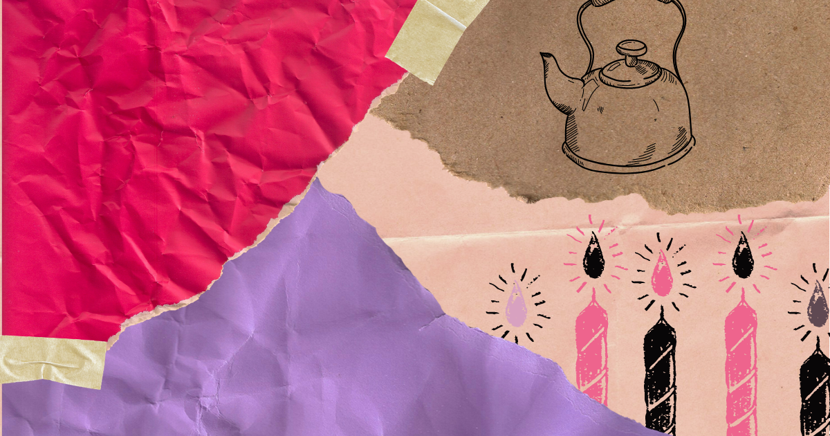 birthday-card-web a paper collage of birthday, illustration of a tea kettle, and some candles