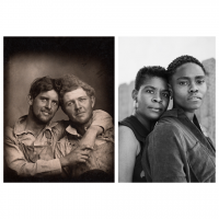 black and white images on white background; left image features two white men; right image features two gender expansive individuals of African descent