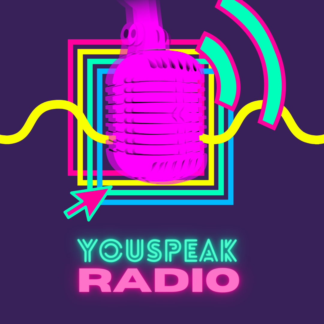 retro microphone in bright fuchsia over bright color boxes with wave like pattern next to text saying “Youspeaak Radio” in neon teal and pink