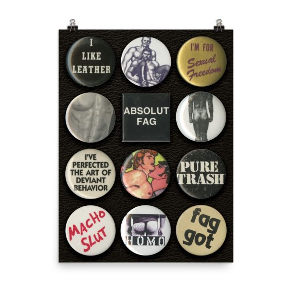 Poster featuring LGBTQ+ historic leather and bar buttons