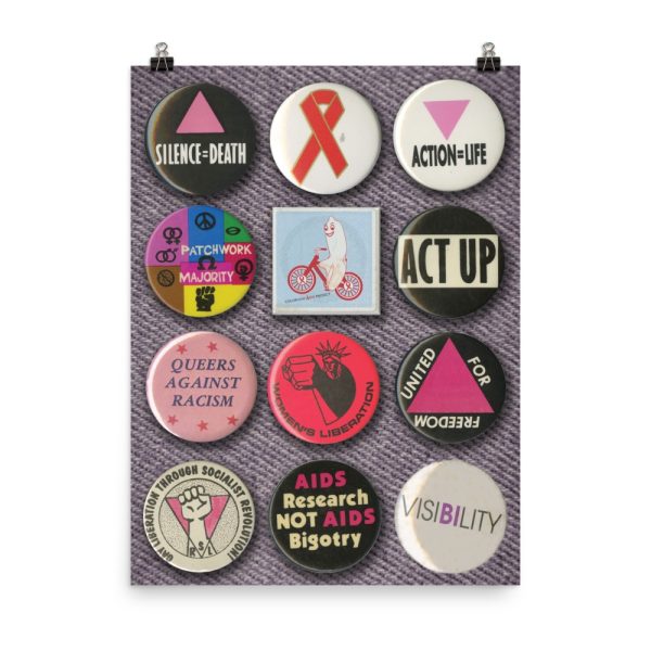 Poster featuring historic LGBTQ+ activist buttons
