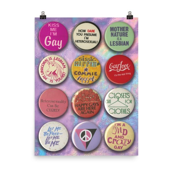 Poster featuring historic LGBTQ+ buttons