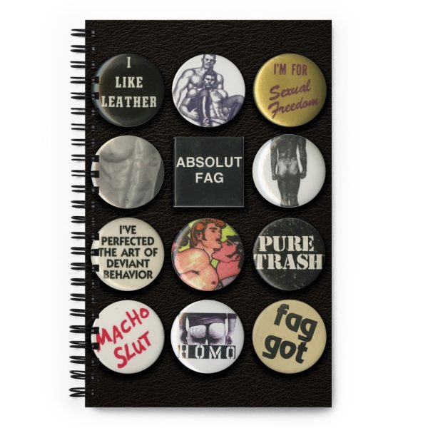 Spiral notebook featuring historic LGBTQ+ leather and bar buttons