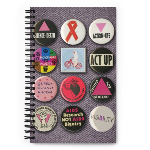 Spiral notebook featuring historic LGBTQ+ activist buttons
