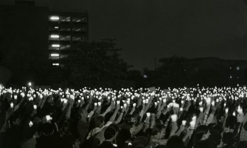 The photo above is from a candlelight vigil organized by AIDS Project Los Angeles (APLA) in 1983. APLA was born out of an emergency meeting at the Los Angeles Gay and Lesbian Community Services Center (now Los Angeles LGBT Center), establishing a volunteer-run AIDS information hotline, and later, providing support groups, education, and housing programs and much more.