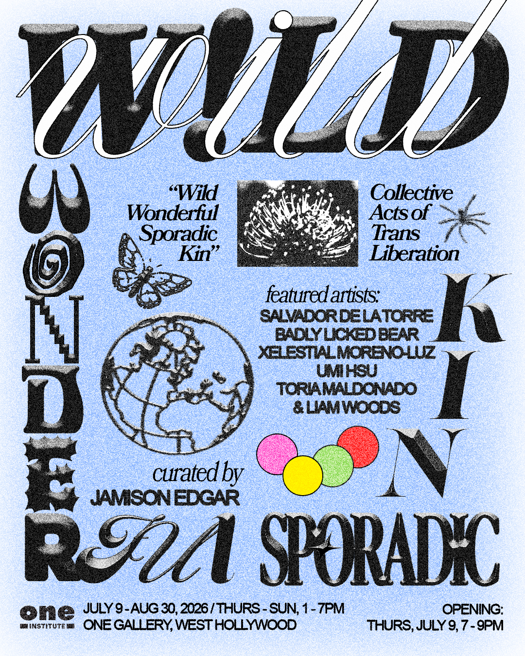one-wonderful-wild-sporadic-kin-1 a graphic with a blue background and the words wild wonderful sporandic kin in black